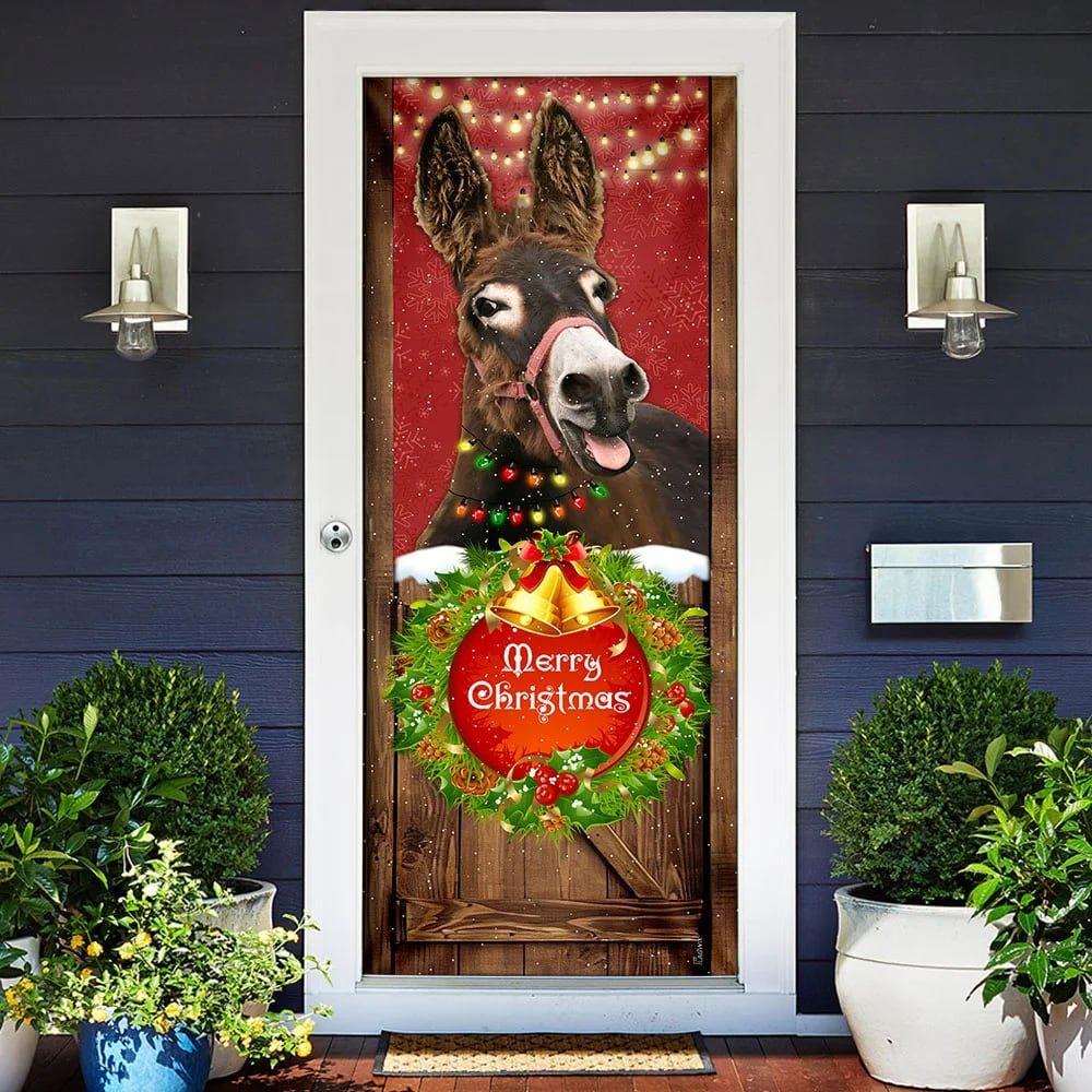 Christmas Farm Decor, Donkey Smile Christmas Door Cover, Merry Christmas Door Cover