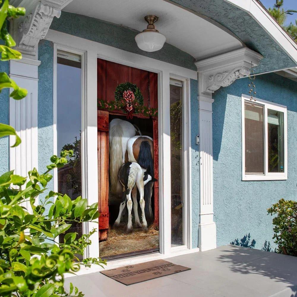 Christmas Farm Decor, Funny Family Horse Door Cover, Unique Gifts Doorcover, Christmas Gift For Friends