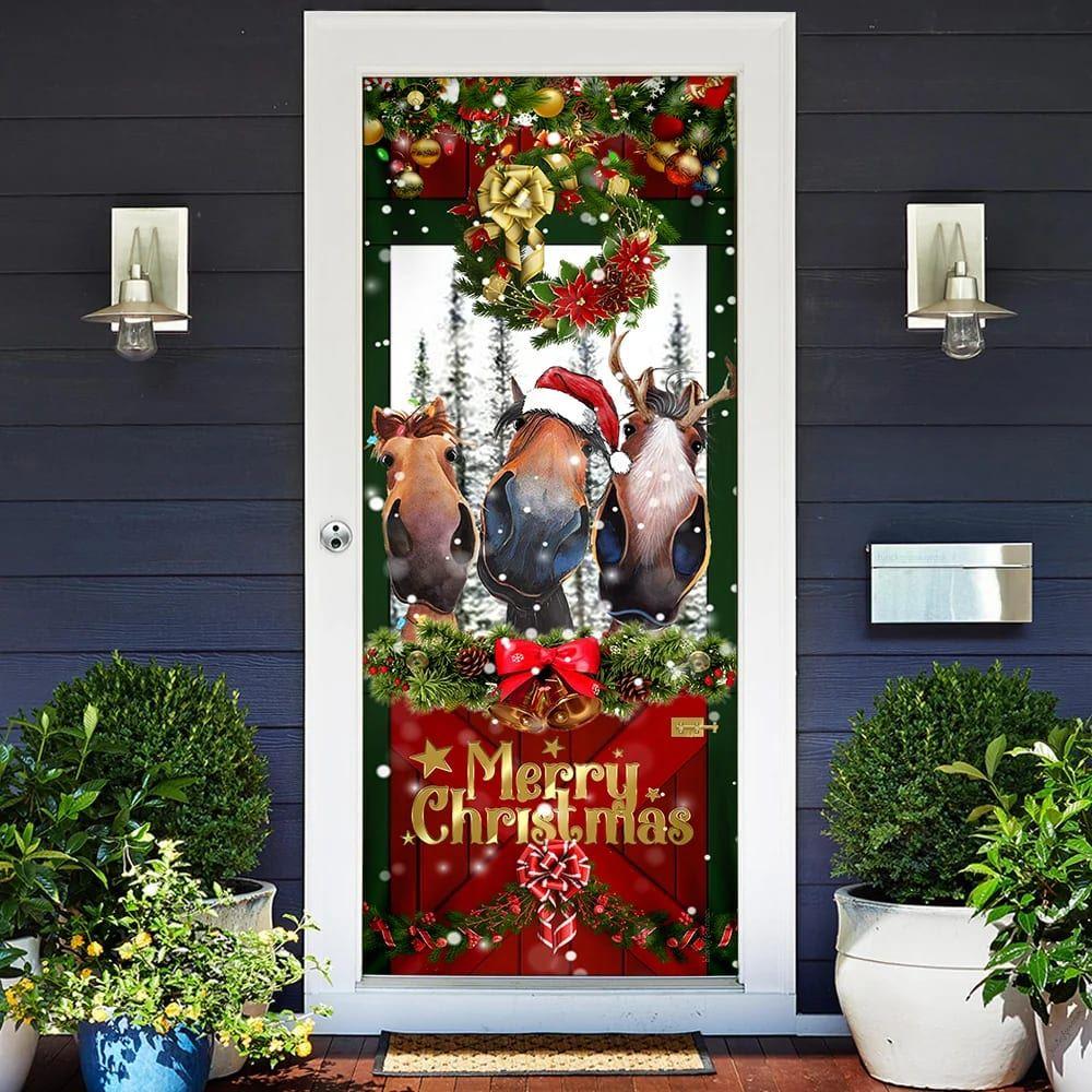 Christmas Farm Decor, Horse Door Cover Funny Christmas Horses, Christmas Horse Decor