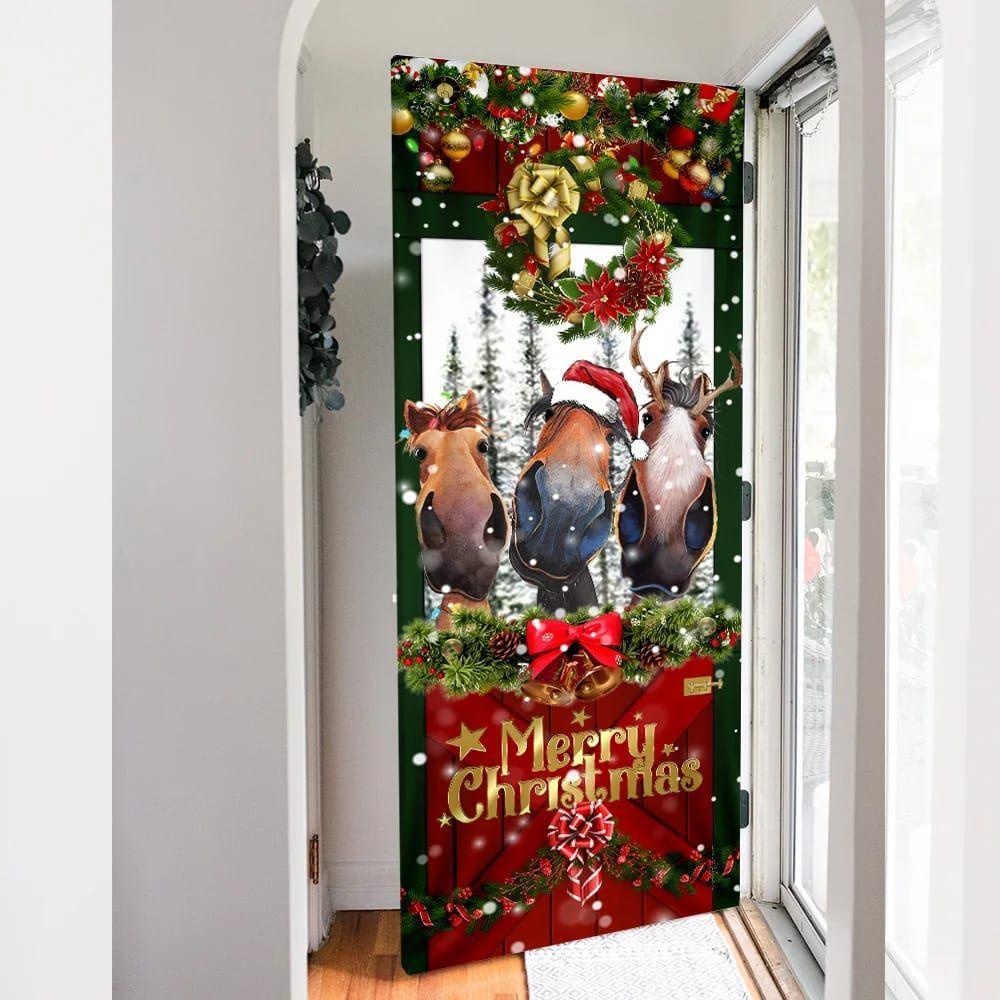 Christmas Farm Decor, Horse Door Cover Funny Christmas Horses, Christmas Horse Decor