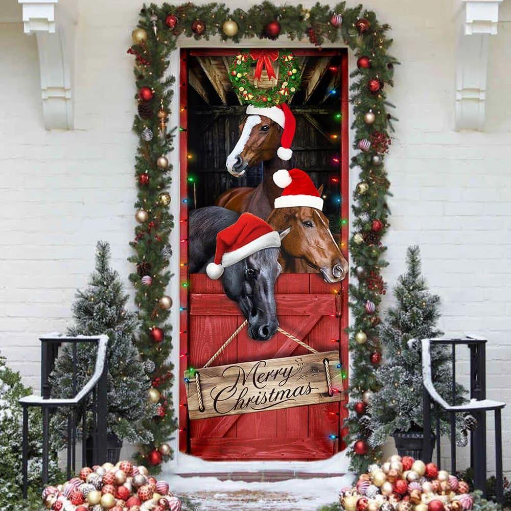 Christmas Farm Decor, Horse Door Cover, Merry Christmas Door Cover, Christmas Horse Decor
