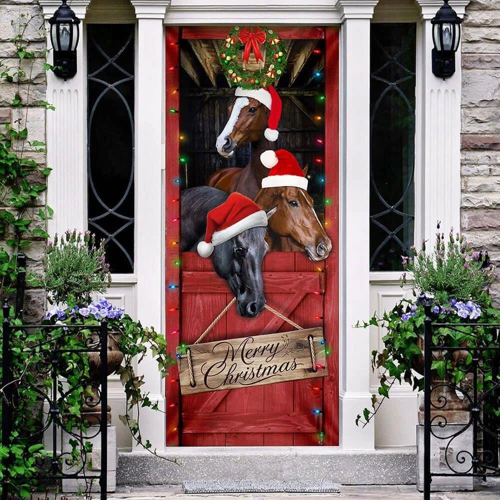 Christmas Farm Decor, Horse Door Cover, Merry Christmas Door Cover, Christmas Horse Decor