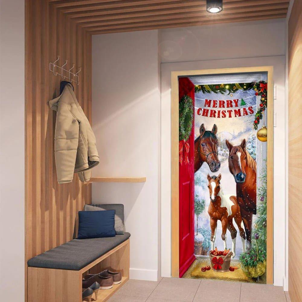 Christmas Farm Decor, Merry Christmas Door Cover, Christmas Horse Door Cover, Christmas Horse Decor