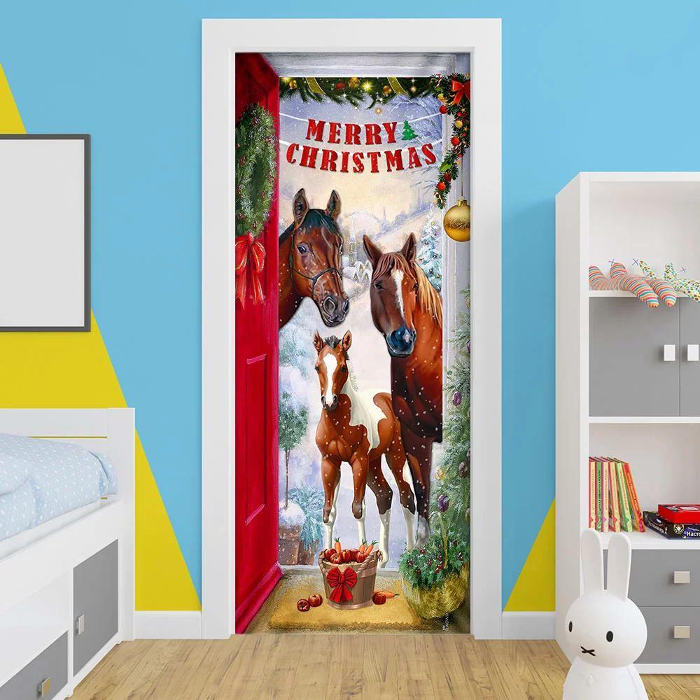 Christmas Farm Decor, Merry Christmas Door Cover, Christmas Horse Door Cover, Christmas Horse Decor
