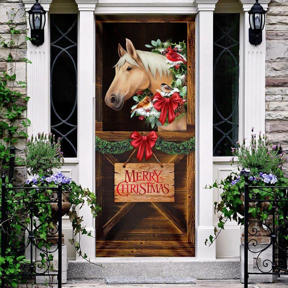 Christmas Farm Decor, Merry Christmas Horse In Stable Door Cover, Christmas Horse Decor
