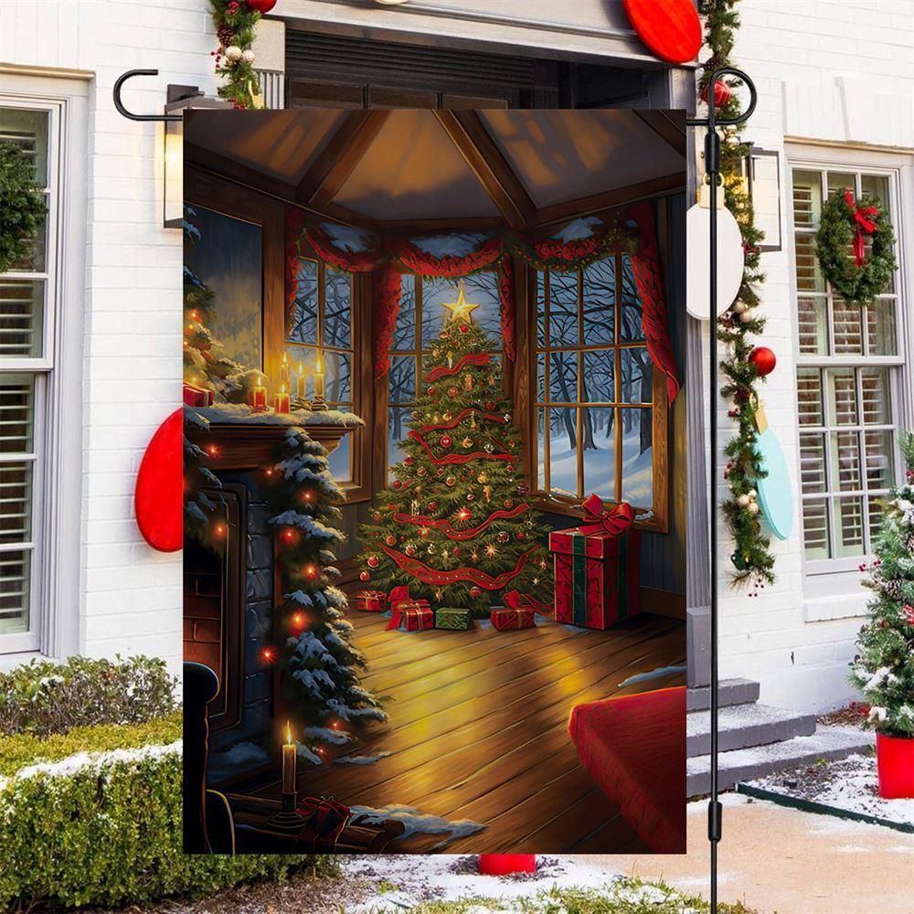 Christmas Flag, Christmas Tree Beside Window Christmas Tree Xmas Garden Flag, Christmas Garden Flags, Christmas Outdoor Flag