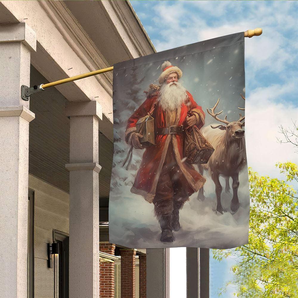 Christmas Flag, Santas Wintry Walk With The Majestic Reindeer Santa Claus Xmas Garden Flag, Christmas Garden Flags, Christmas Outdoor Flag