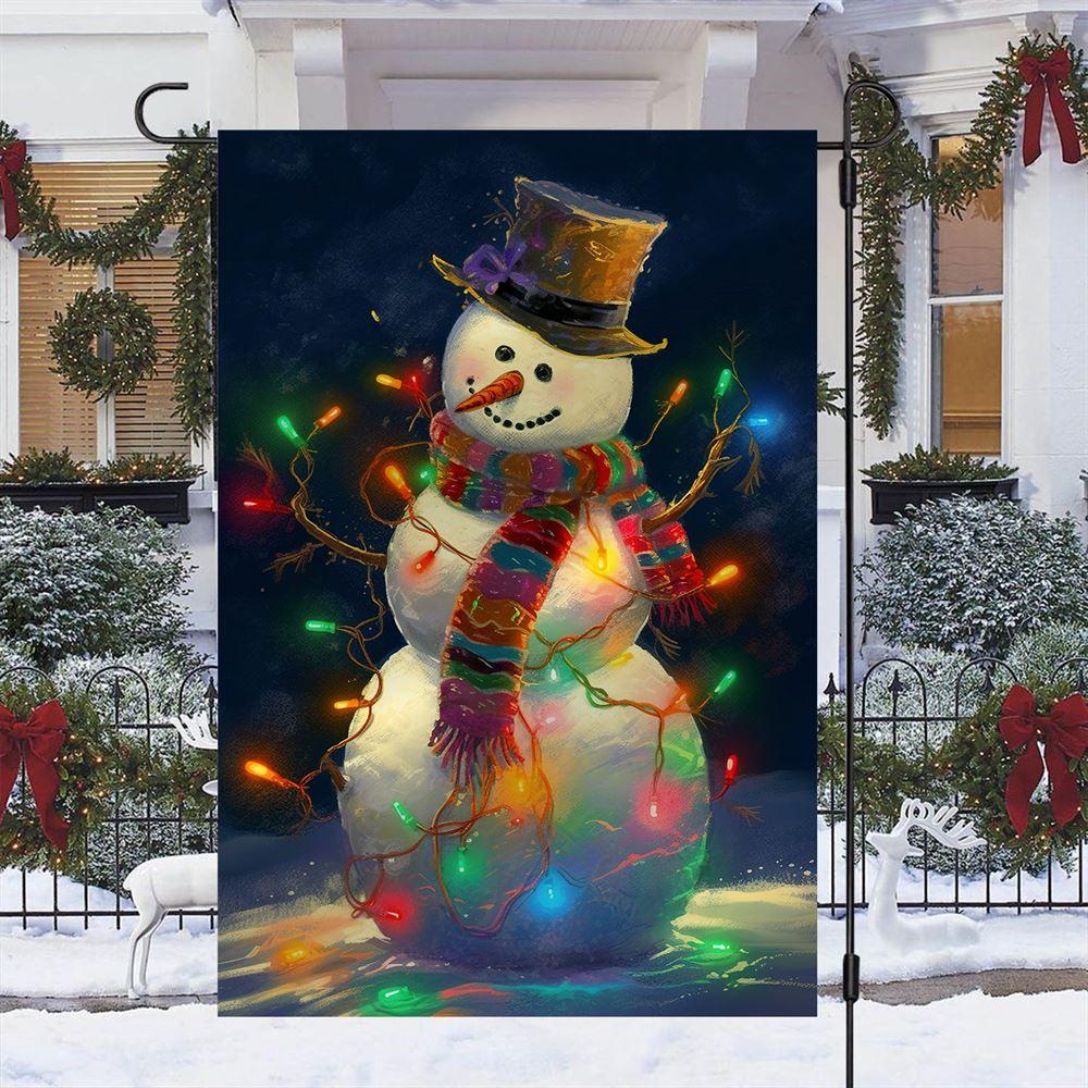 Christmas Flag, Snowman Surrounded By String Lights Christmas Garden Flag, Christmas Garden Flags, Christmas Outdoor Flag