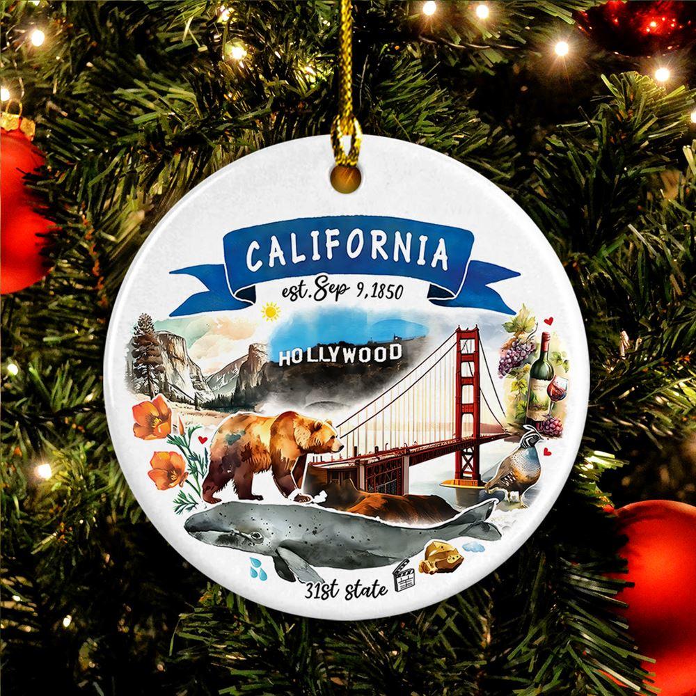Christmas Ornament, California State Themes And Landmarks Christmas Circle Ceramic Ornament, Christmas Ornaments 2023