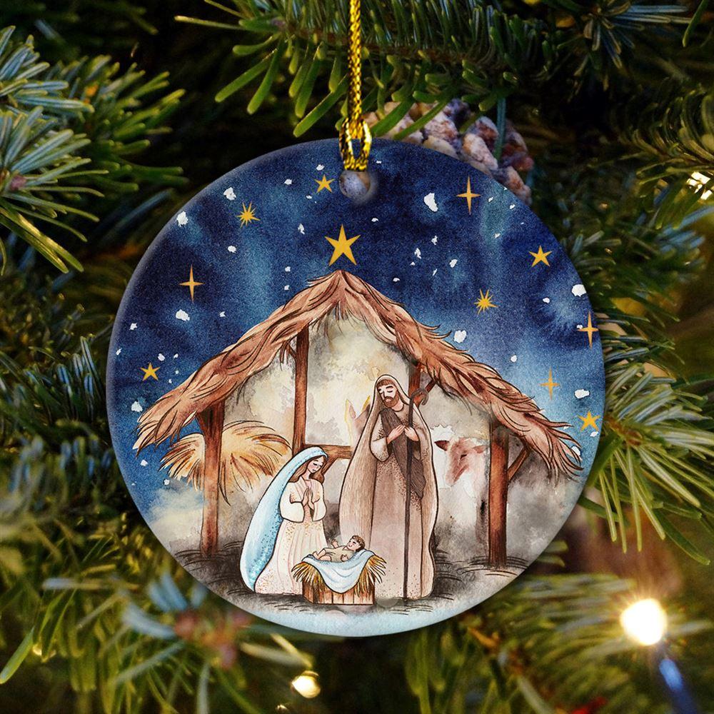 Christmas Ornament, Joseph Mary Christ Was Born Christmas Eve Circle Ceramic Ornament, Christmas Ornaments 2023