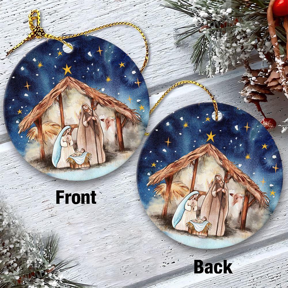 Christmas Ornament, Joseph Mary Christ Was Born Christmas Eve Circle Ceramic Ornament, Christmas Ornaments 2023