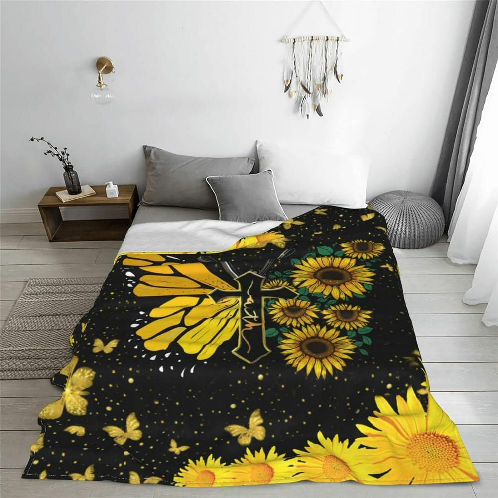 Crosses Butterflies Sunflower Picture Christian Quilt Blanket, Christian Blanket Gift For Believers