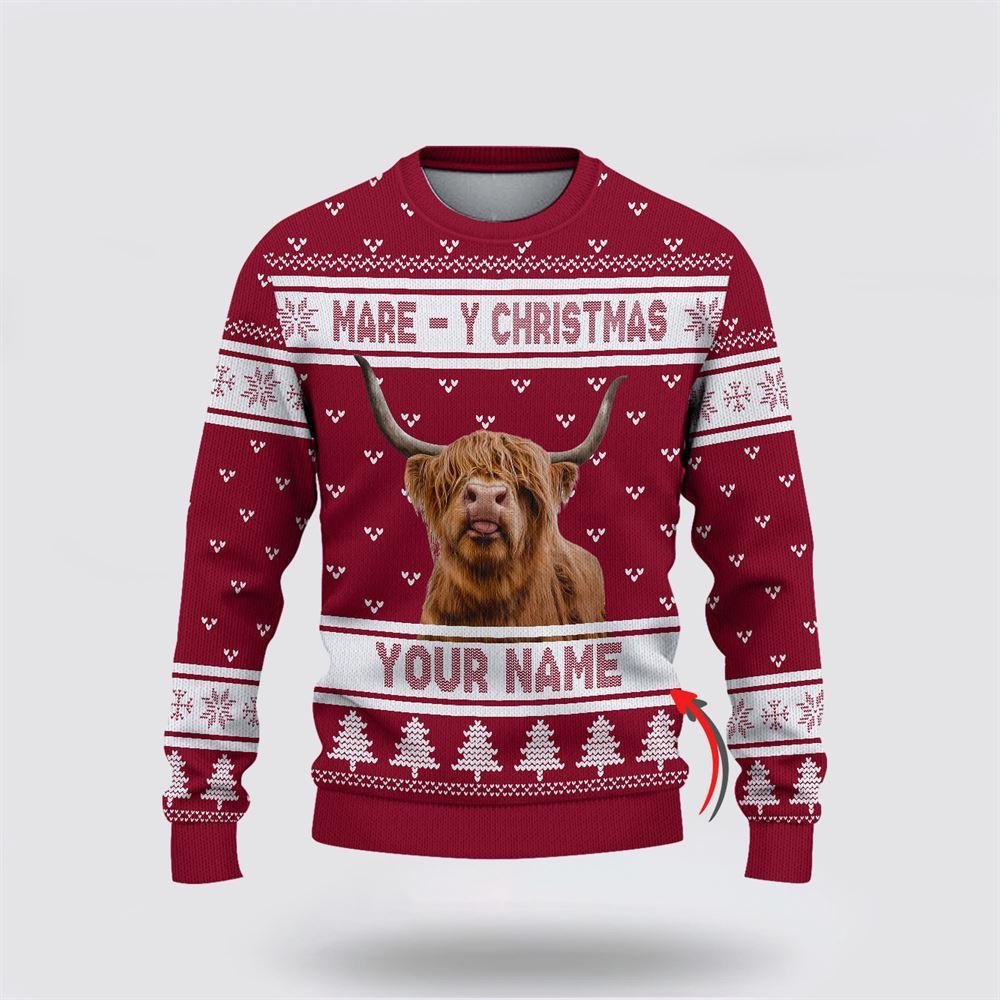 Custom Name Highland Cattle Mare Y Christmas Ugly Sweater, Gifts For Farmers, Rural Lovers