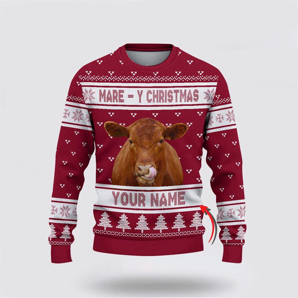 Custom Name Red Angus Mare Y Christmas Ugly Sweater, Gifts For Farmers, Rural Lovers