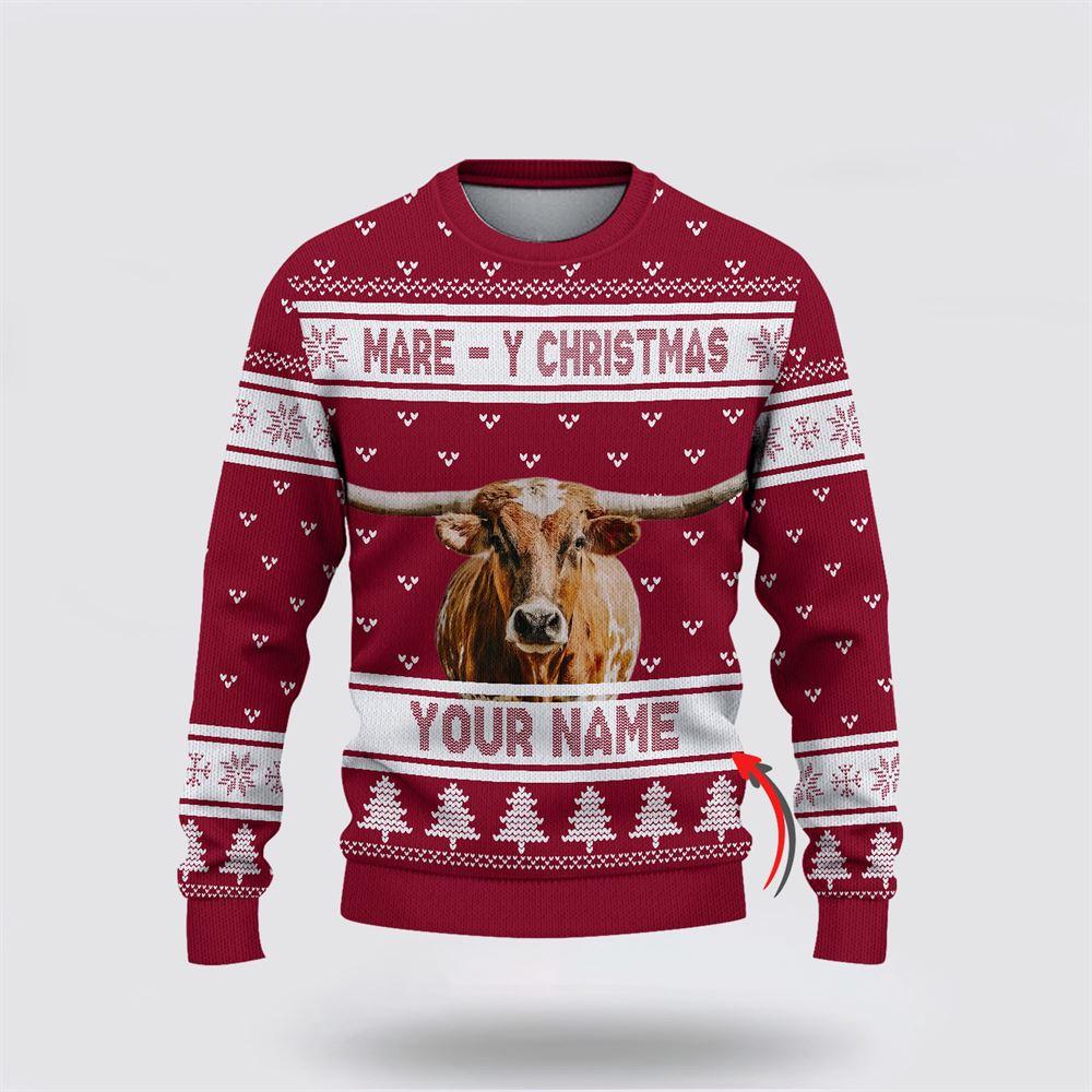 Custom Name Texas Longhorn Mare Y Christmas Ugly Sweater, Gifts For Farmers, Rural Lovers