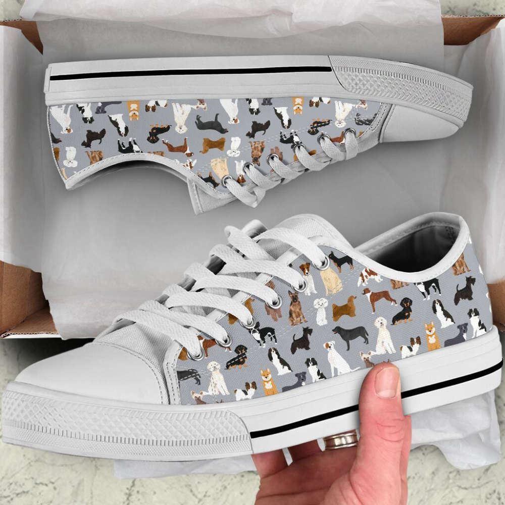 Dog Grey Fabric Mixed Pattern Low Top Shoes Canvas Sneakers, Gift For Dog Lover Dog Grey Fabric Mixed Pattern Low Top Shoes Canvas Sneakers, Gift For Dog Lover