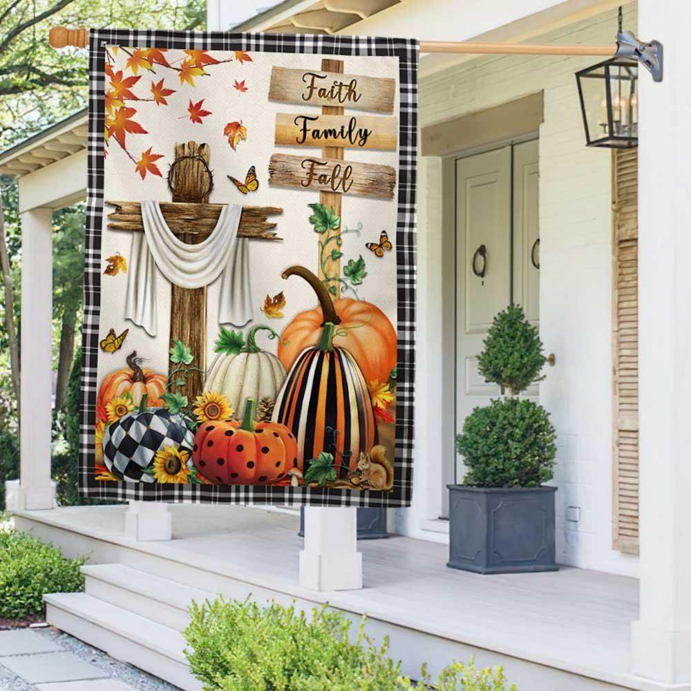 Fall Flag Faith, Family, Fall Christian Cross Pumpkins Thanksgiving Flag – Thanksgiving Flag Outdoor Decoration