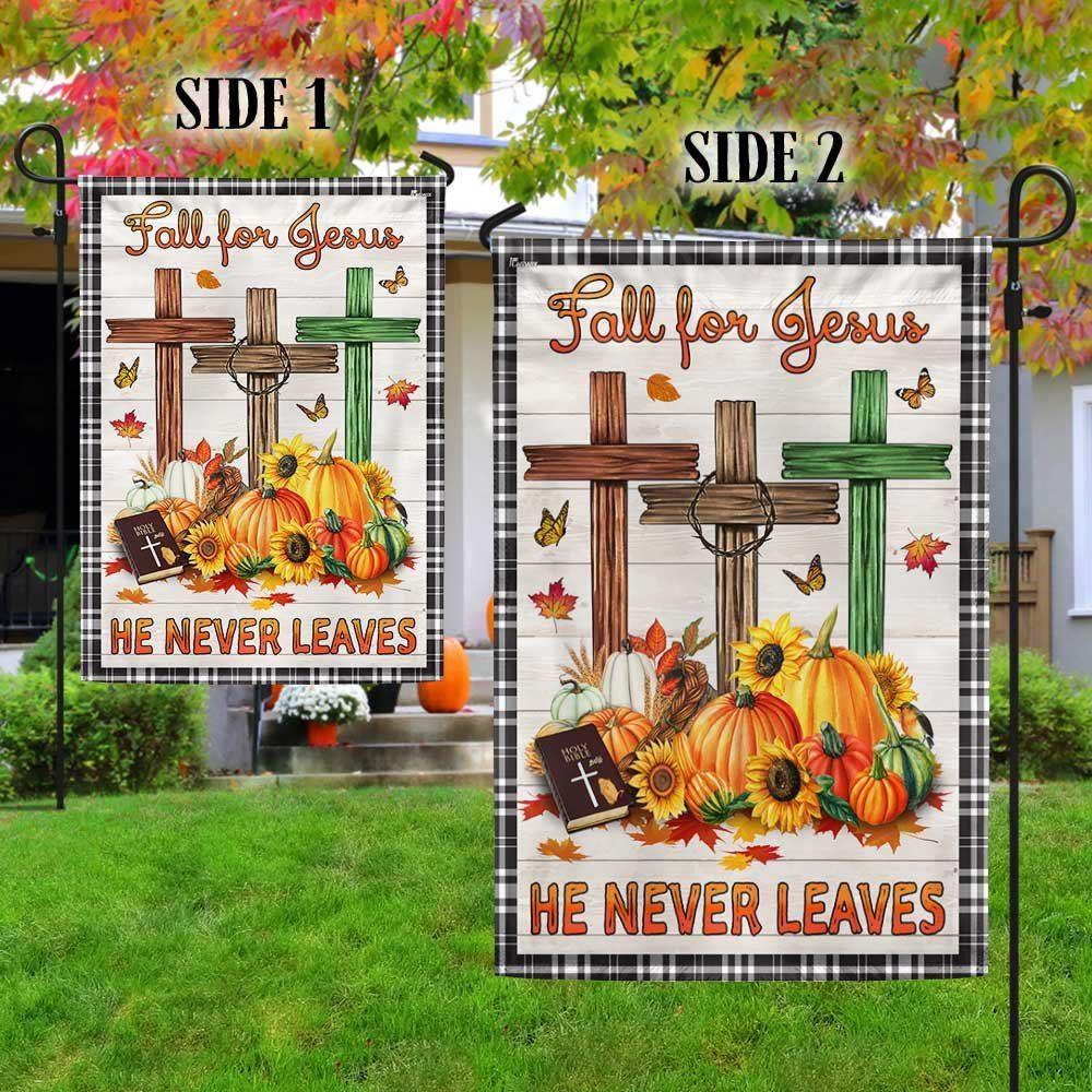Fall For Jesus He Never Leaves Fall Thanksgiving Halloween Pumpkins Harvest Flag – Thanksgiving Flag Outdoor Decoration