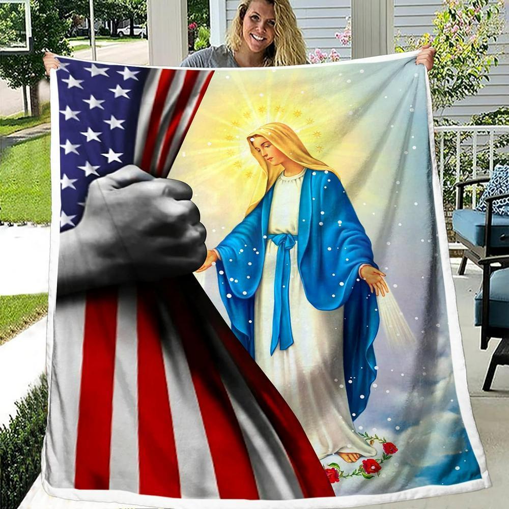 Mother Mary And Flag America Christian Quilt Blanket, Christian Blanket Gift For Believers