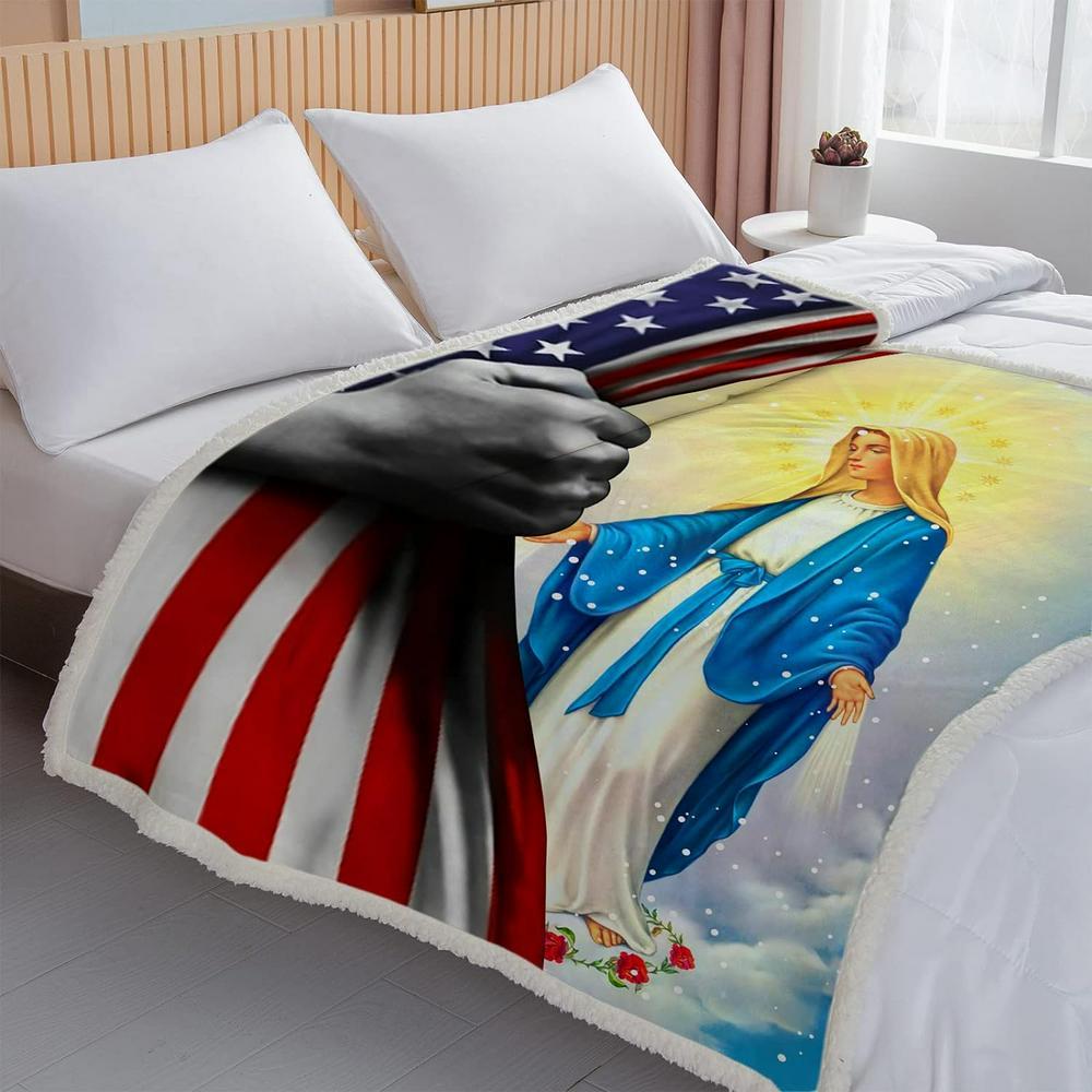 Mother Mary And Flag America Christian Quilt Blanket, Christian Blanket Gift For Believers
