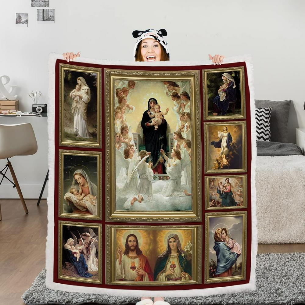Photo Frame Virgin Queen Mary Christian Quilt Blanket, Christian Blanket Gift For Believers