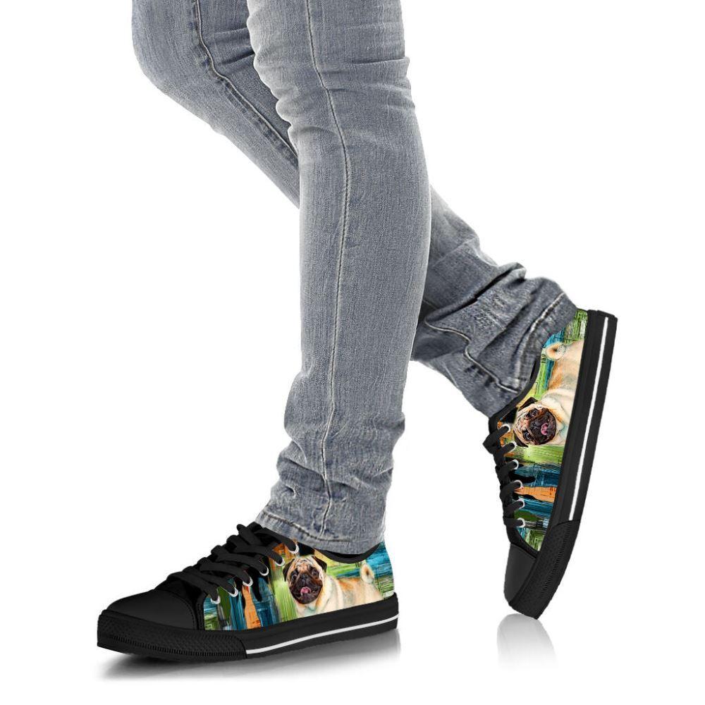 Pug Dog Paint Art Wallpaper Low Top Shoes Canvas Sneakers, Gift For Dog Lover