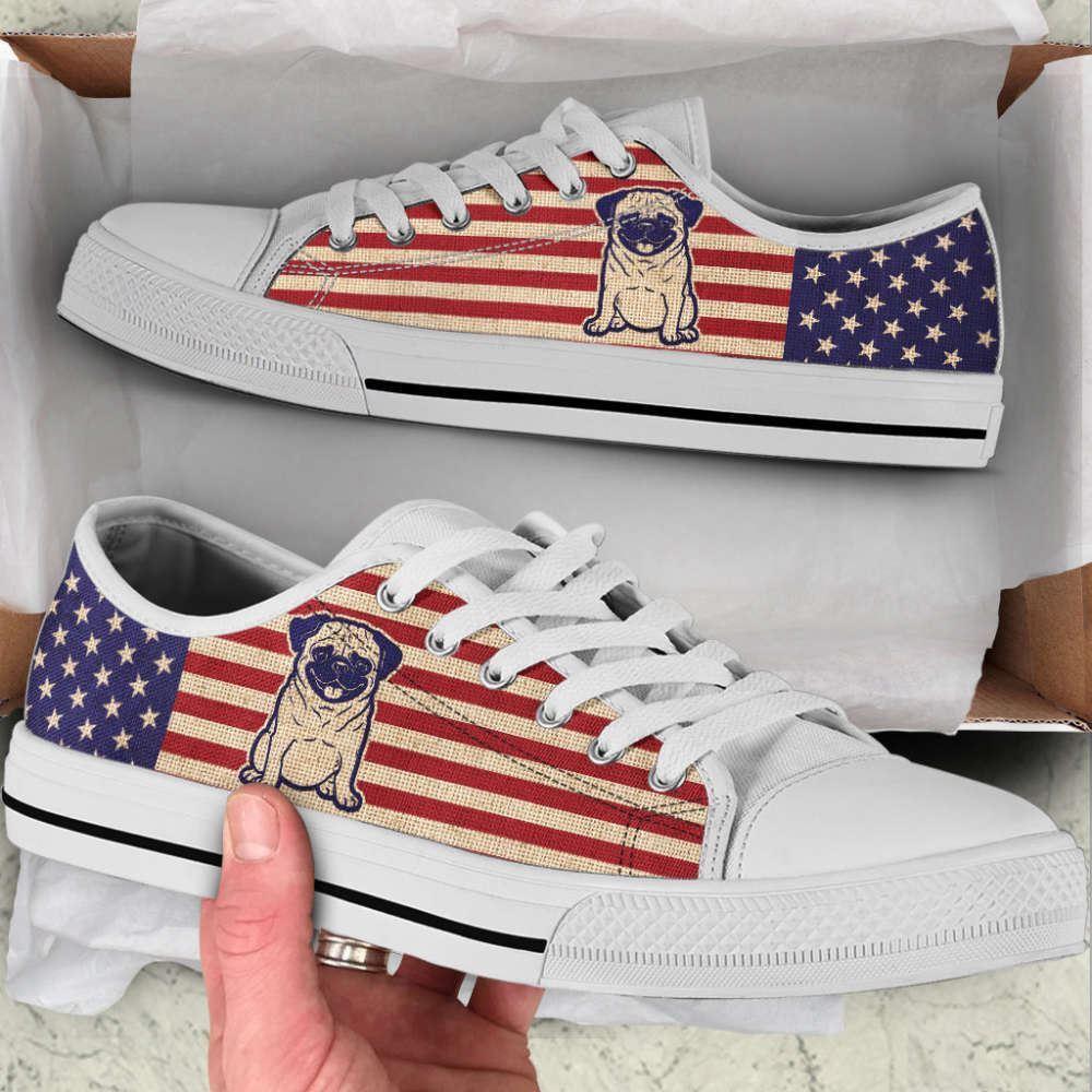 Pug Dog USA Flag Low Top Shoes Canvas Sneakers Casual Shoes, Gift For Dog Lover Pug Dog USA Flag Low Top Shoes Canvas Sneakers Casual Shoes, Gift For Dog Lover
