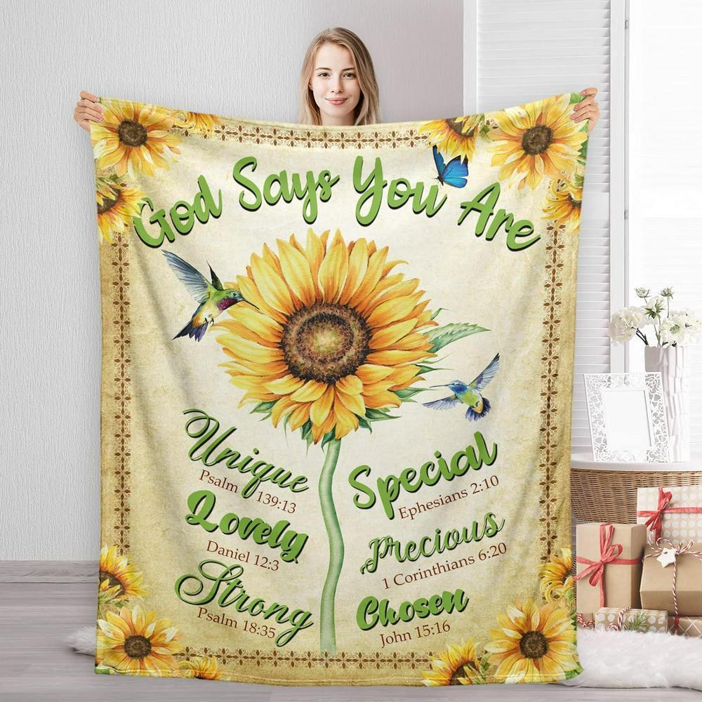 Sunflower And Hummingbird God Says Christian Quilt Blanket, Christian Blanket Gift For Believers