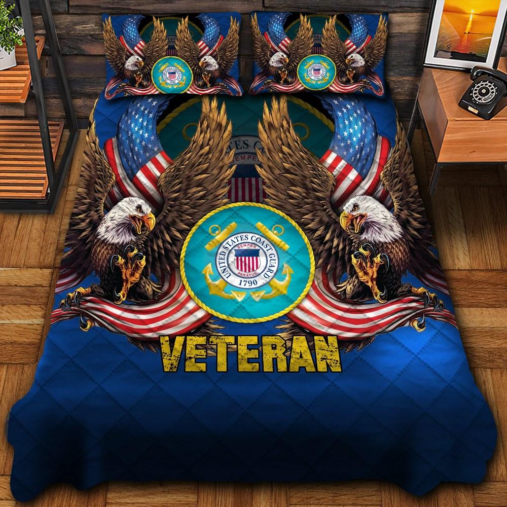 Veteran Bedding Set, US Coast Guard Services Veteran Bedding Set, Quilt Bedding Set, American Flag Bedding Set