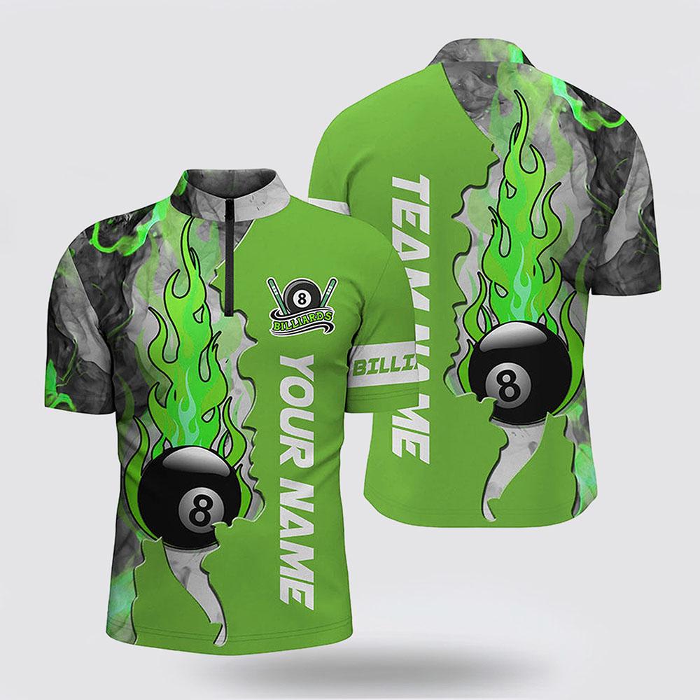 Billiard Jerseys, Custom Billiard Jerseys, 8 Ball Fire Smoke Green Billiard Men Jerseys Shirts, Billiard Shirt Designs