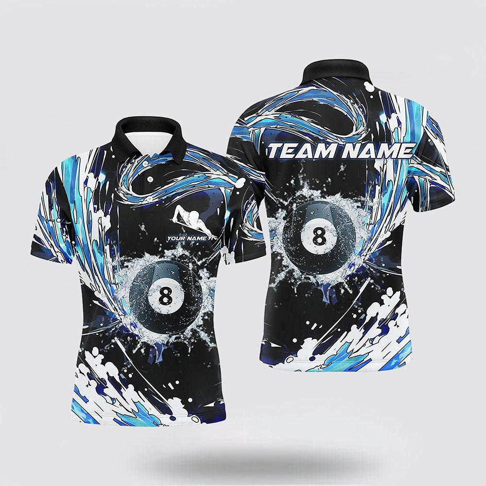 Billiard Polo Shirts, 8 Ball Billiard Blue Waves 3D All Over Print Polo Shirts Pool Lover Shirts, Billiard Shirt Designs