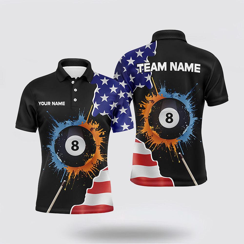 Billiard Polo Shirts, 8 Ball Billiard Watercolor American Flag Men Polo Shirts, Billiard Shirt Designs