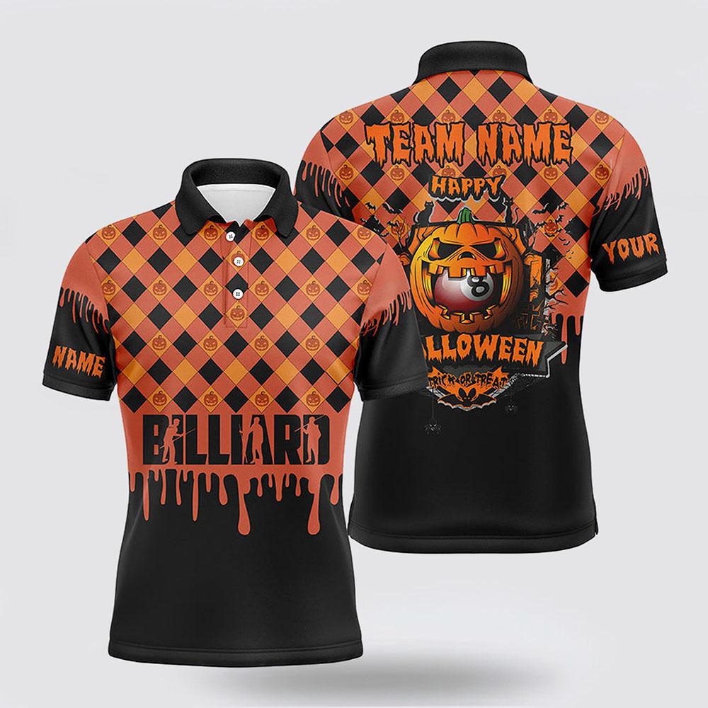 Billiard Polo Shirts, Billiard Trick Or Treat Halloween Orange Black Argyle Pattern Men Polo Shirts, Billiard Shirt Designs