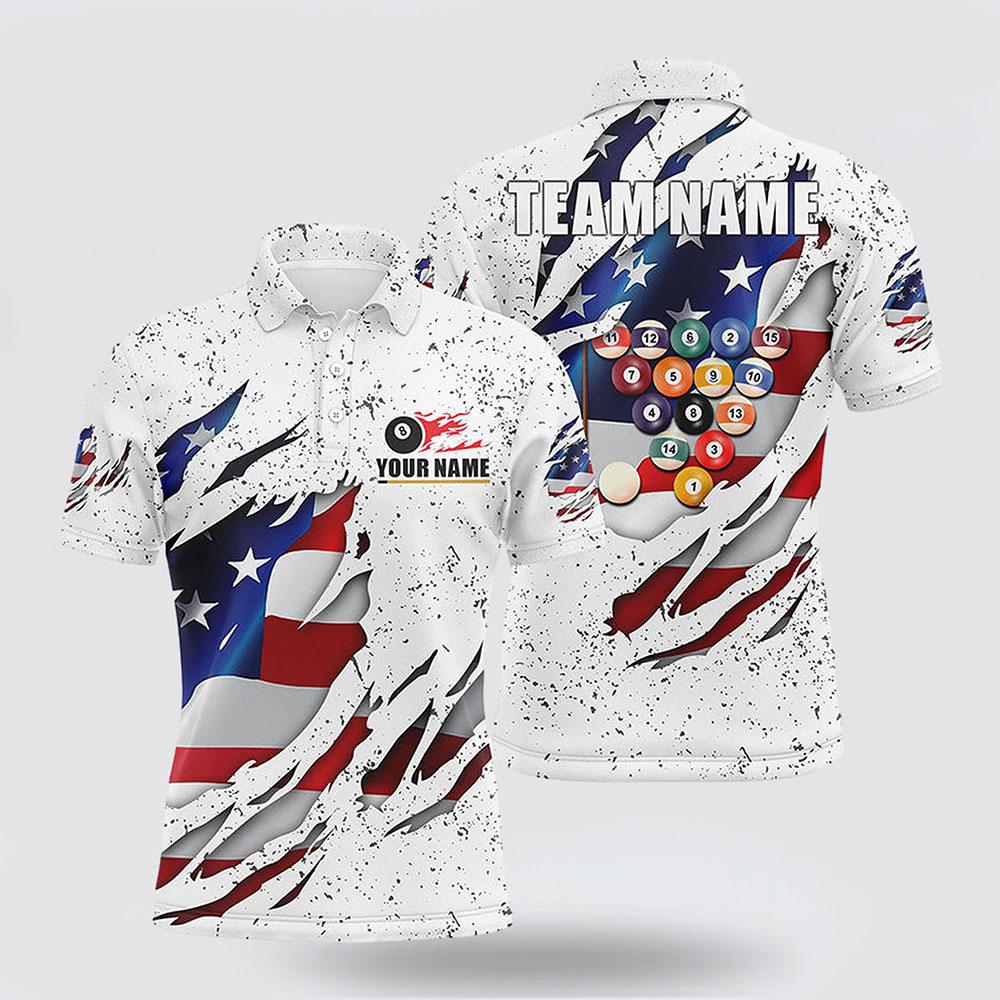 Billiard Polo Shirts, Billiards Balls US Flag White Grunge 8 Ball Pool Jerseys, Billiard Shirt Designs