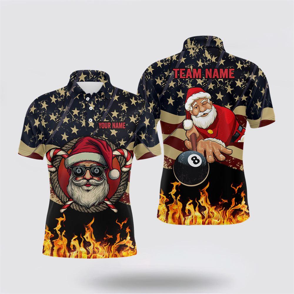 Billiard Polo Shirts, Funny Christmas Santa And Billiard USA Flag Fire Custom Polo Shirts, Billiard Shirt Designs
