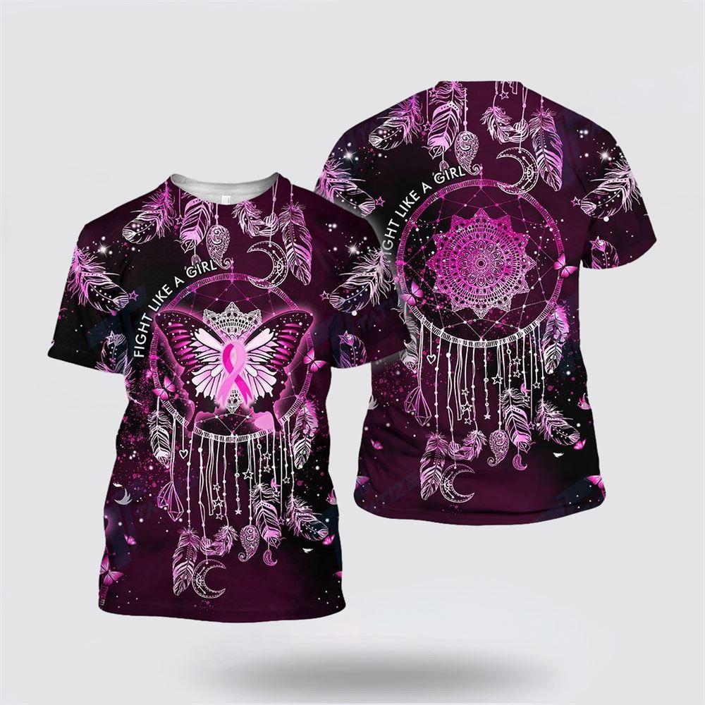 Breast Cancer T Shirts 2023, Butterfly Dreamcatcher Breast Cancer Ribbon Pink All Over Print T Shirt