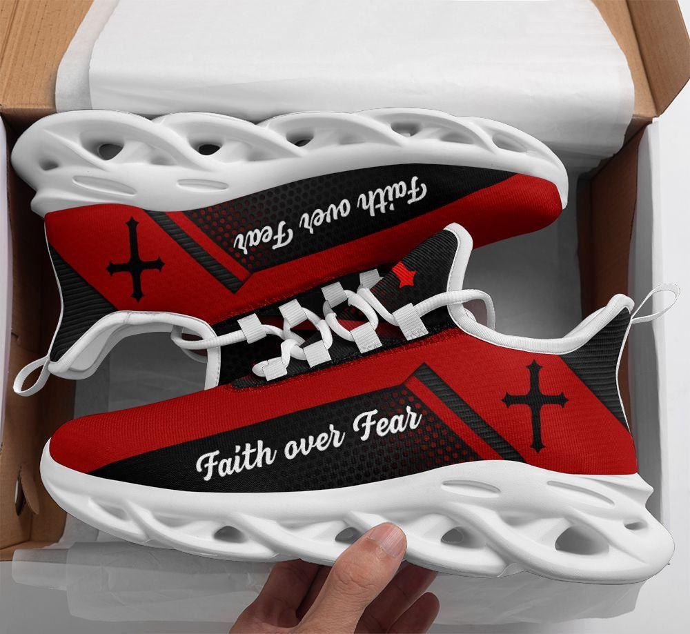 Christian Soul Shoes, Max Soul Shoes, Jesus Faith Over Fear Red Running Sneakers Max Soul Shoes, Jesus Shoes, Jesus Christ Shoes