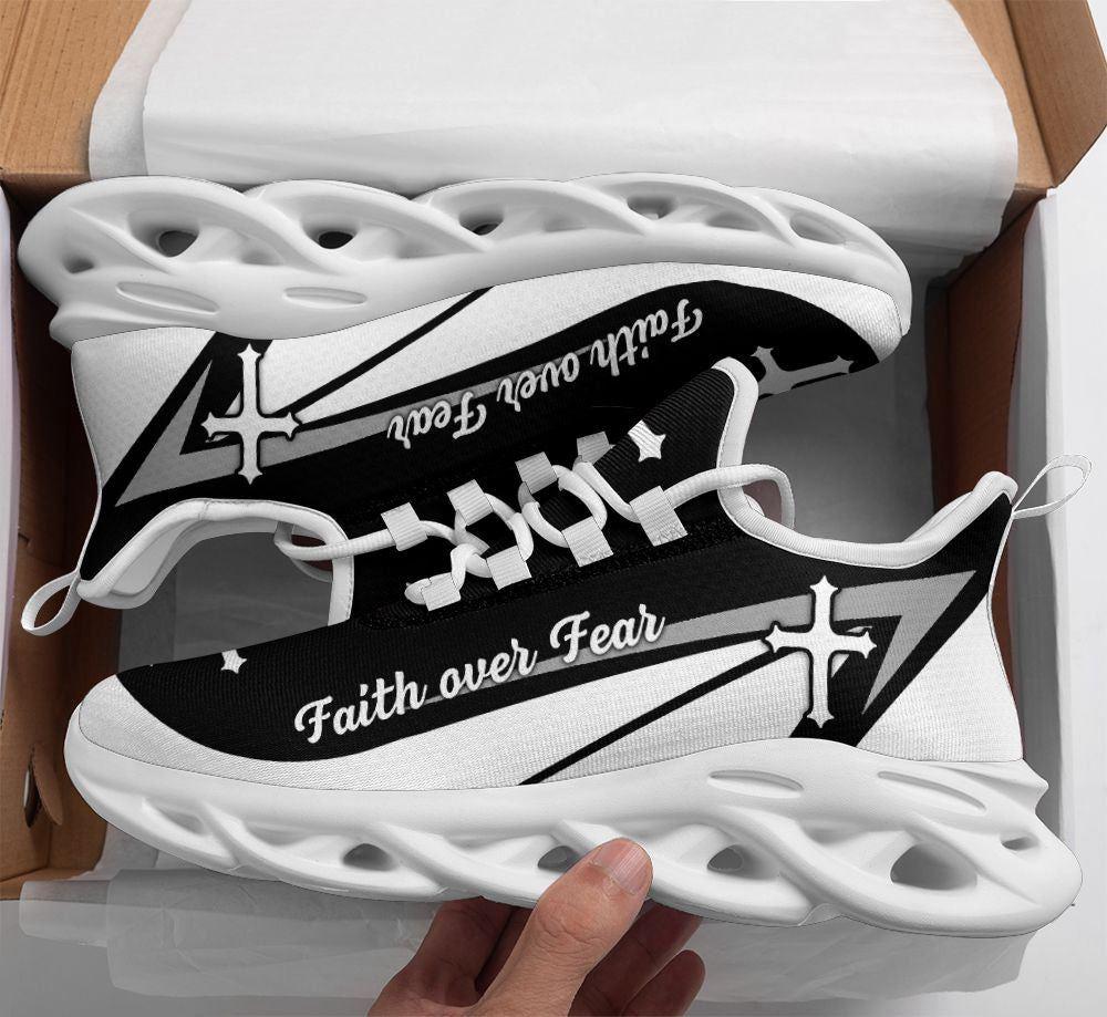 Christian Soul Shoes, Max Soul Shoes, Jesus Faith Over Fear Running Sneakers Black And White Max Soul Shoes, Jesus Shoes, Jesus Christ Shoes