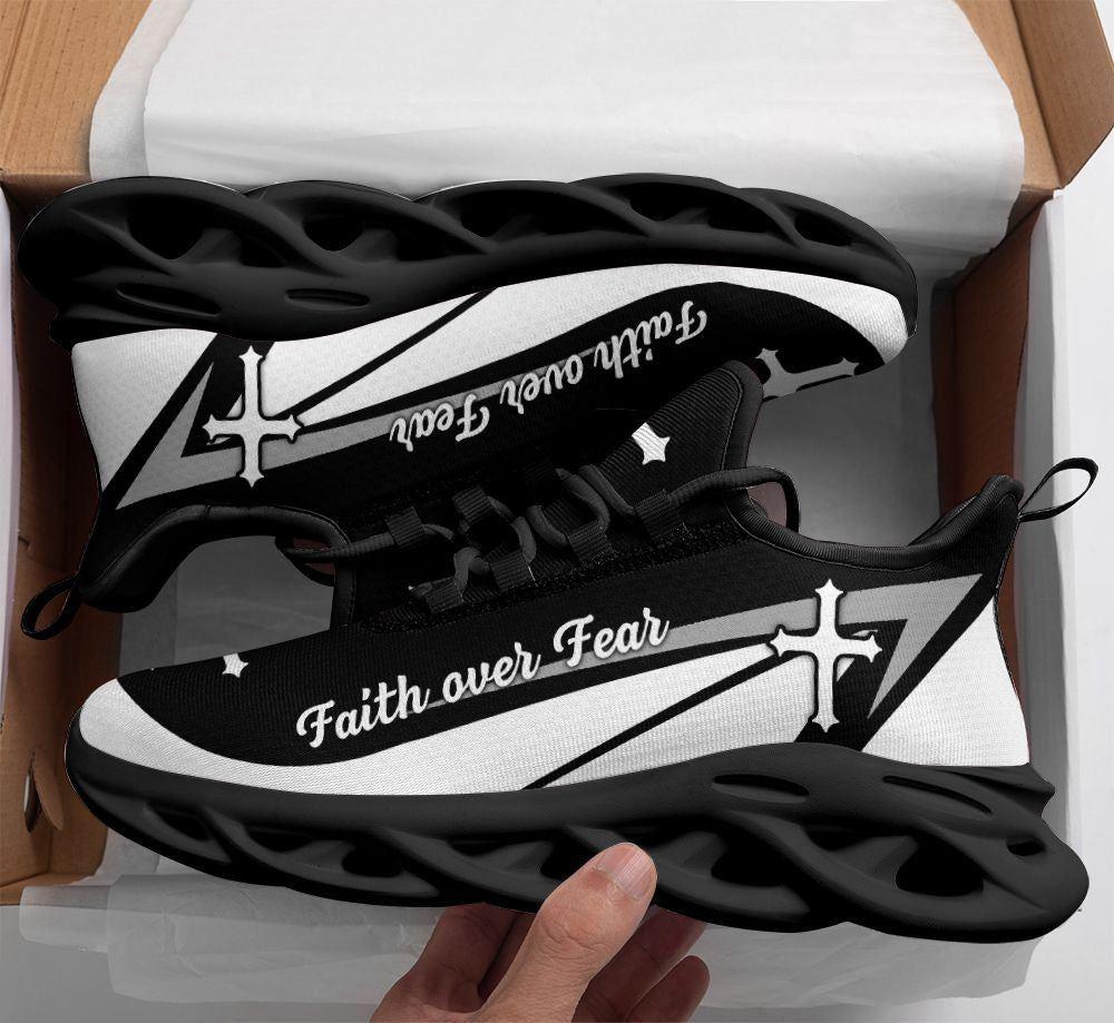 Christian Soul Shoes, Max Soul Shoes, Jesus Faith Over Fear Running Sneakers Black And White Max Soul Shoes, Jesus Shoes, Jesus Christ Shoes