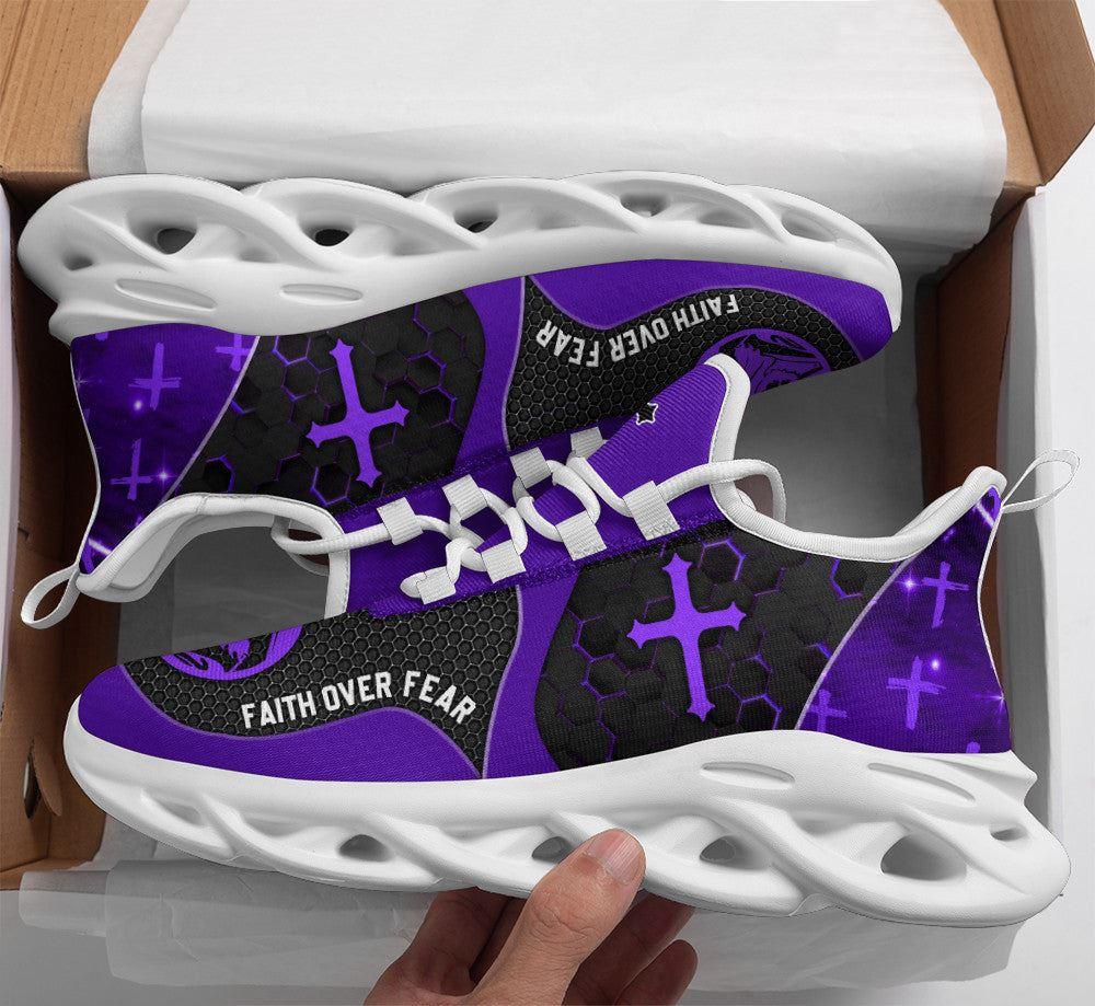 Christian Soul Shoes, Max Soul Shoes, Jesus Faith Over Fear Running Sneakers Purple Max Soul Shoes, Jesus Shoes, Jesus Christ Shoes
