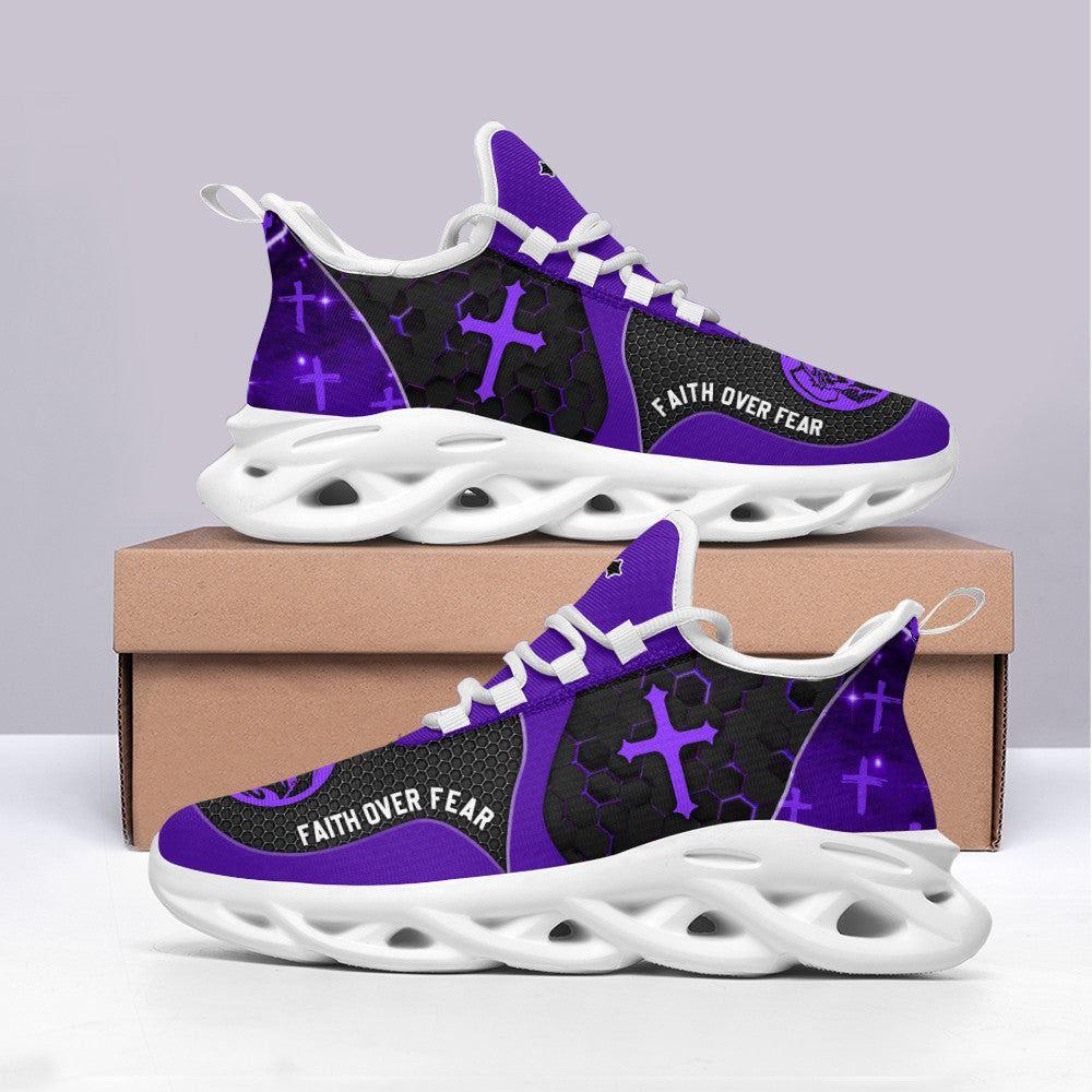 Christian Soul Shoes, Max Soul Shoes, Jesus Faith Over Fear Running Sneakers Purple Max Soul Shoes, Jesus Shoes, Jesus Christ Shoes