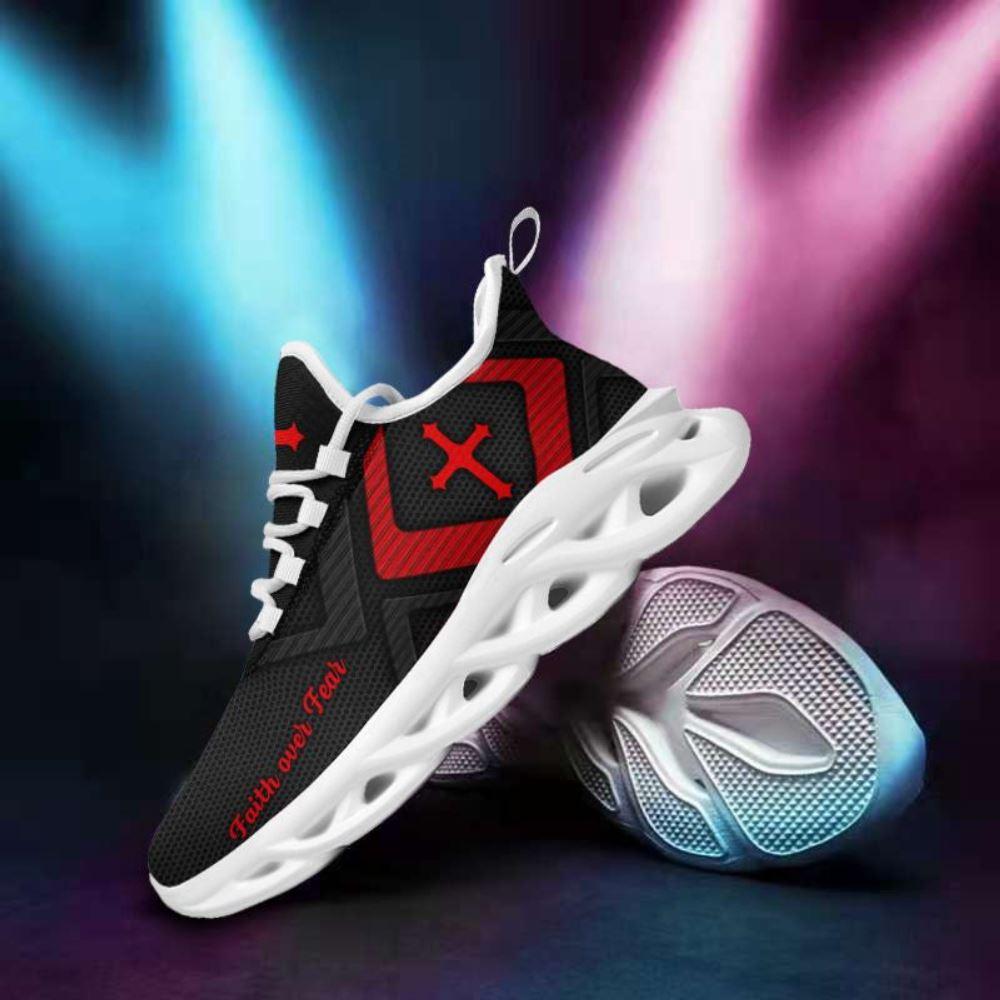 Christian Soul Shoes, Max Soul Shoes, Jesus Faith Over Fear Running Sneakers Red And Black Max Soul Shoes, Jesus Shoes, Jesus Christ Shoes