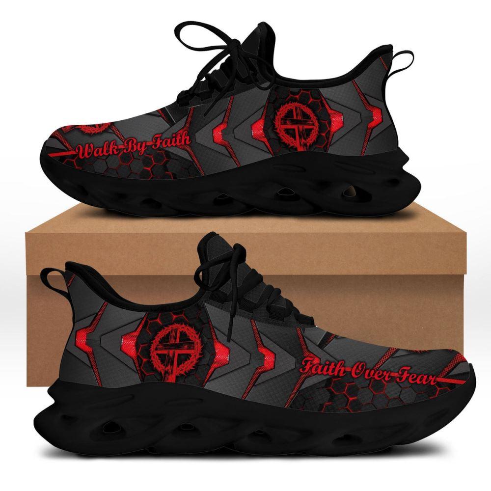 Christian Soul Shoes, Max Soul Shoes, Jesus Red And Black Faith Over Fear Running Sneakers Max Soul Shoes, Jesus Shoes, Jesus Christ Shoes