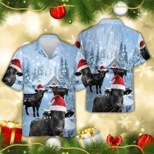 Christmas Hawaiian Shirt, Black Angus Cow Snowy&hellip;