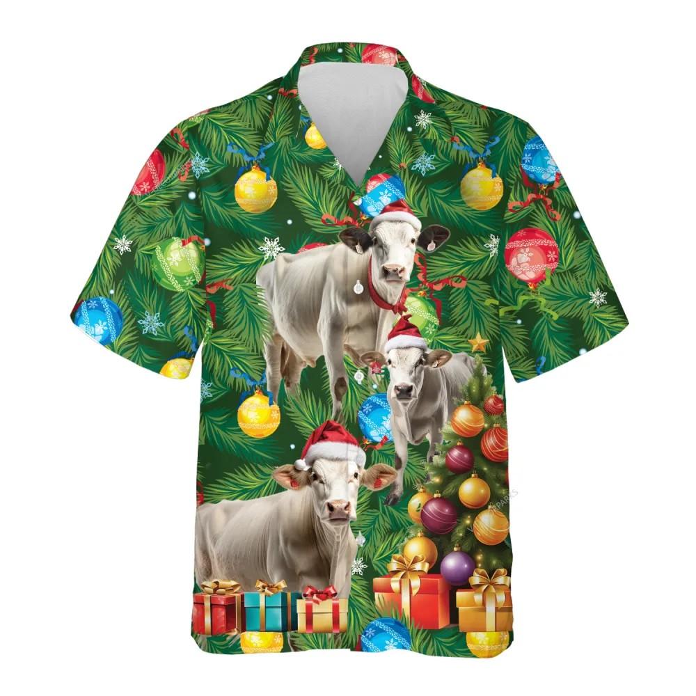 Christmas Hawaiian Shirt, Brahman Cow Christmas Tree Hawaiian Beach Shirts, Xmas Hawaiian Shirts