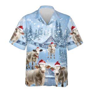 Christmas Hawaiian Shirt, Brahman Cow Snowy Christmas&hellip;