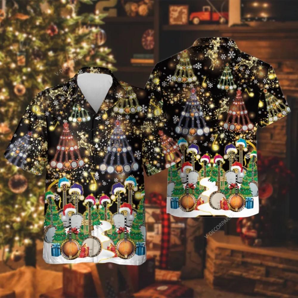 Christmas Hawaiian Shirt, Christmas Banjo Music Button Down Hawaiian Shirt, Xmas Hawaiian Shirts