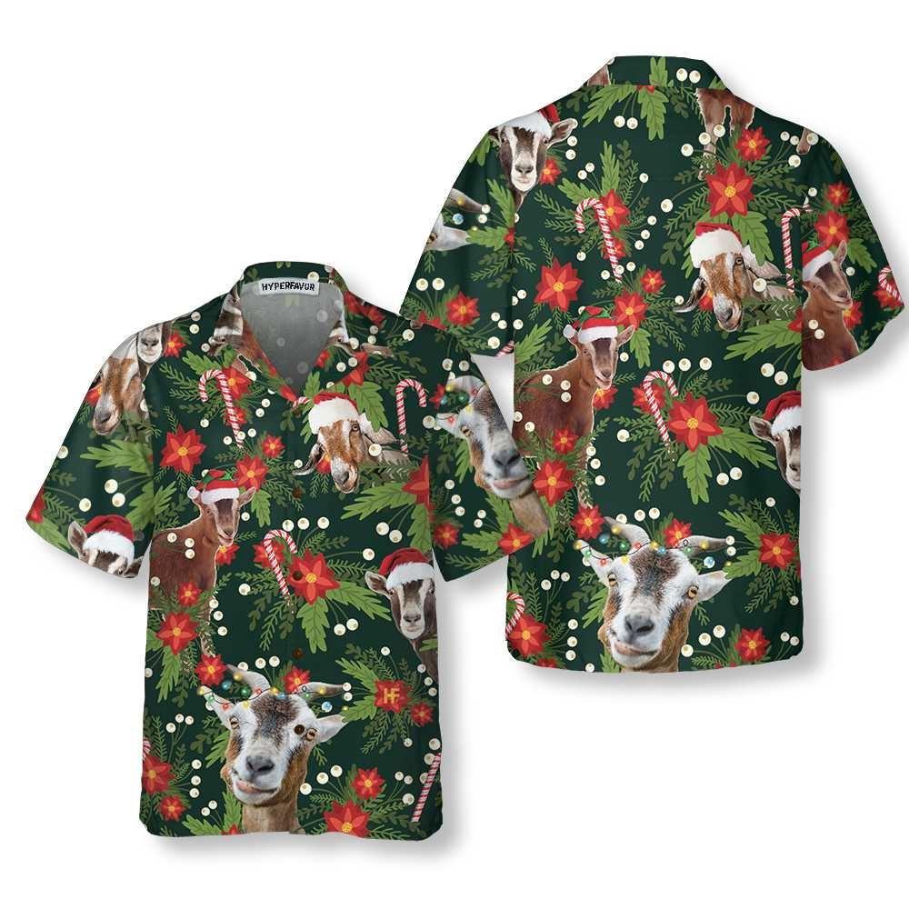 Christmas Hawaiian Shirt, Christmas Goat With Poinsettia Flower Hawaiian Shirt, Xmas Hawaiian Shirts