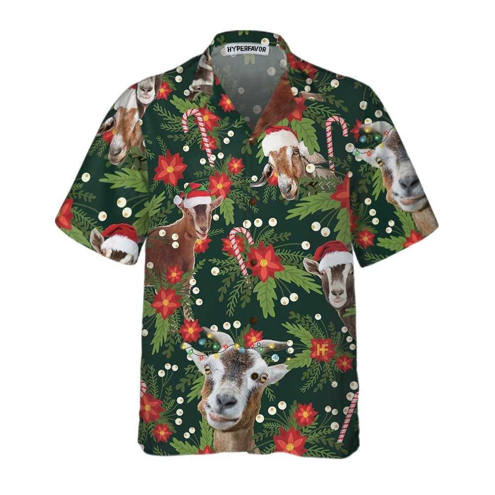 Christmas Hawaiian Shirt, Christmas Goat With Poinsettia Flower Hawaiian Shirt, Xmas Hawaiian Shirts