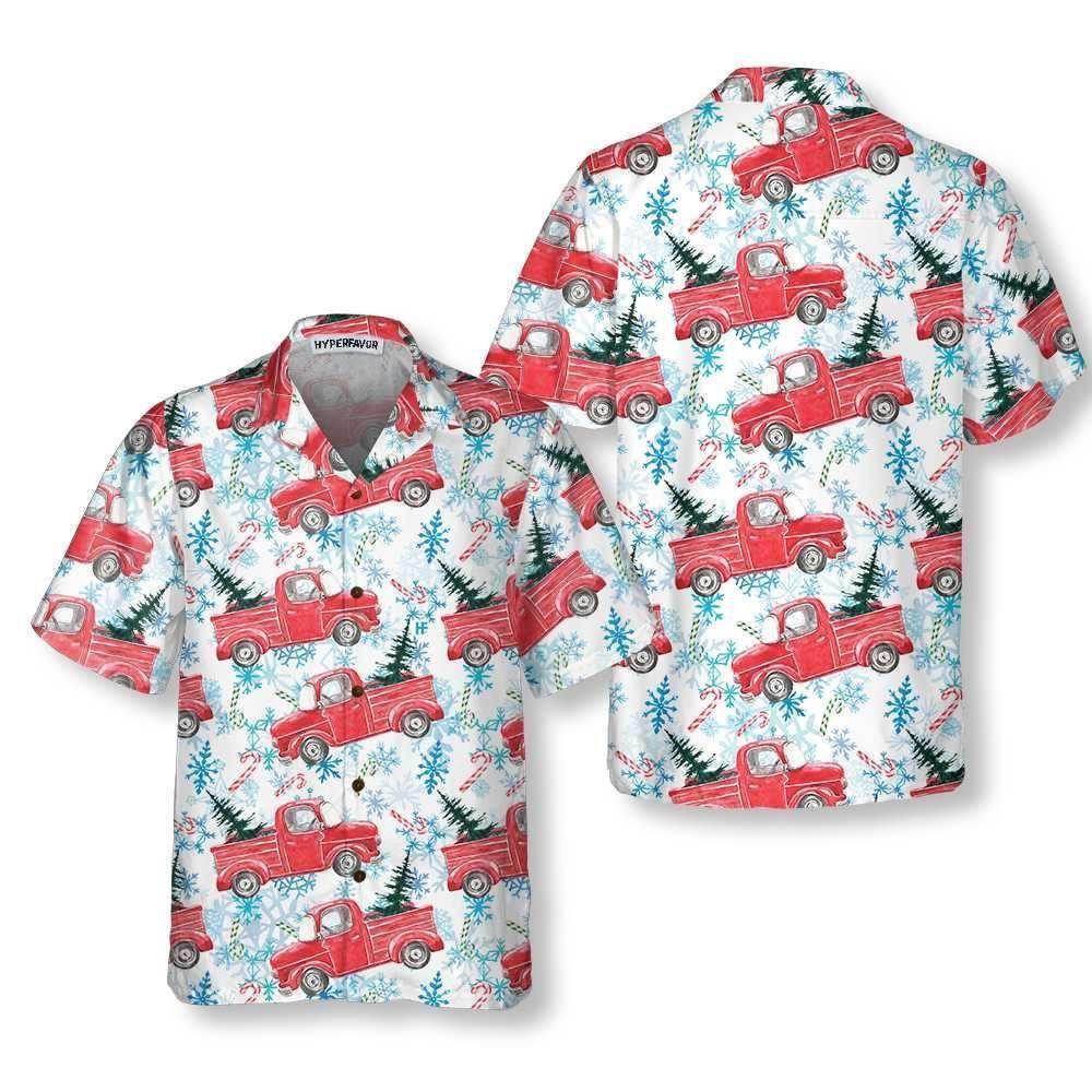 Christmas Hawaiian Shirt, Christmas Red Retro Truck With Candy Cane Hawaiian Shirt, Xmas Hawaiian Shirts